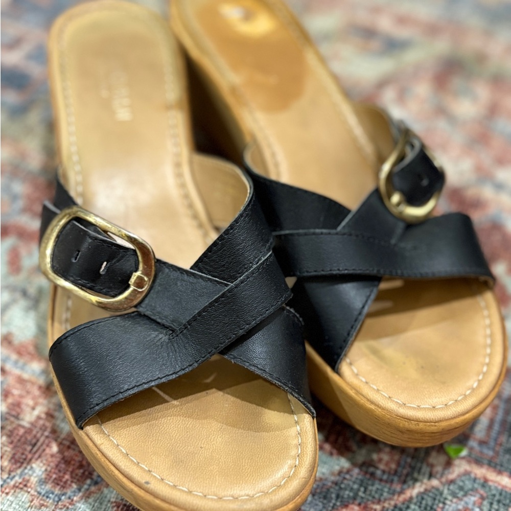 Romano Palai Black leather platform wedge slide sandals with gold buckle 8.5